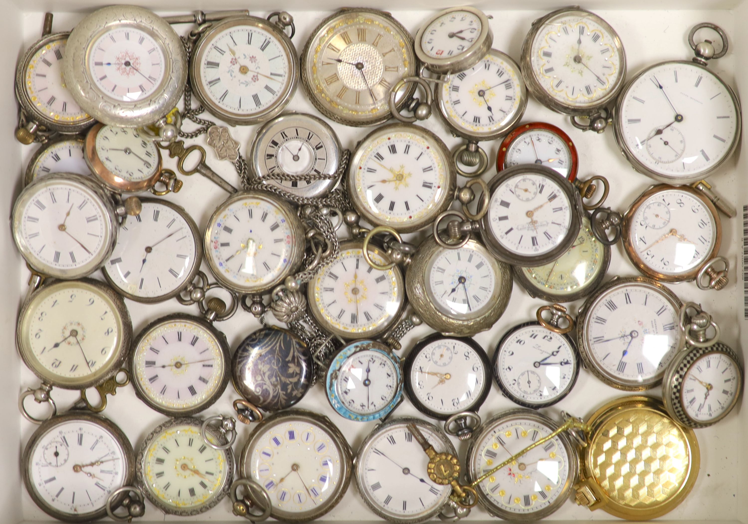 A collection of lady's assorted mainly continental white metal fob and pocket watches, including enamel and three wrist watches.